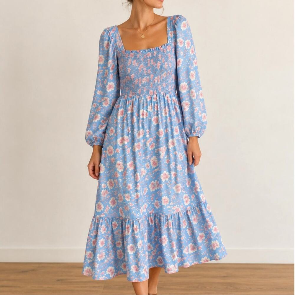 Dondolo Floral Smocked Hem Midi Dress Women’s Size 2XL Scalloped Cottage Blue